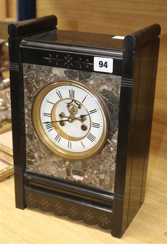 A Belgian slate and marble mantel clock width 22cm height 36cm